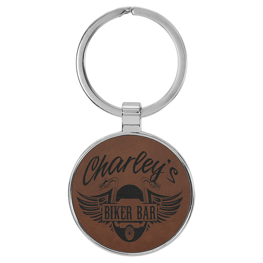 Dark Brown Lasered Leatherette/Metal Round Keychain