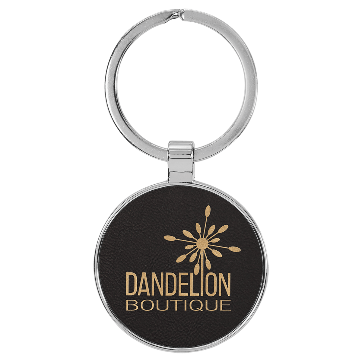 Black/Gold Lasered Leatherette/Metal Round Keychain