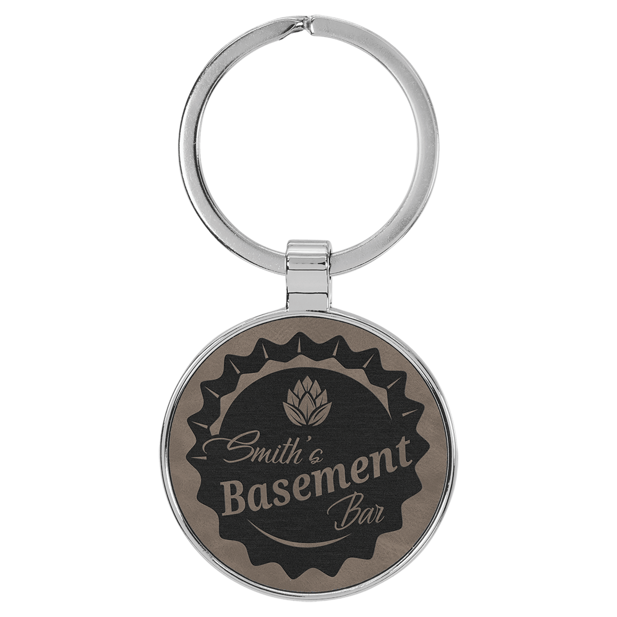 Gray Lasered Leatherette/Metal Round Keychain