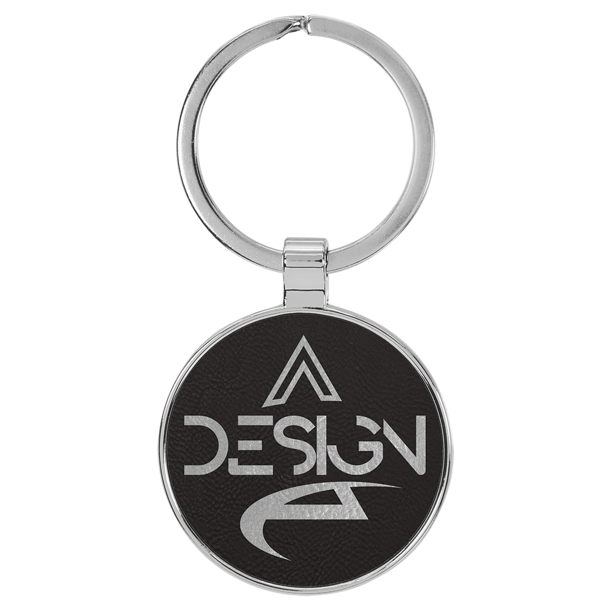 Black/Silver Lasered Leatherette/Metal Round Keychain