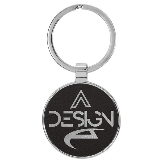 Black/Silver Lasered Leatherette/Metal Round Keychain
