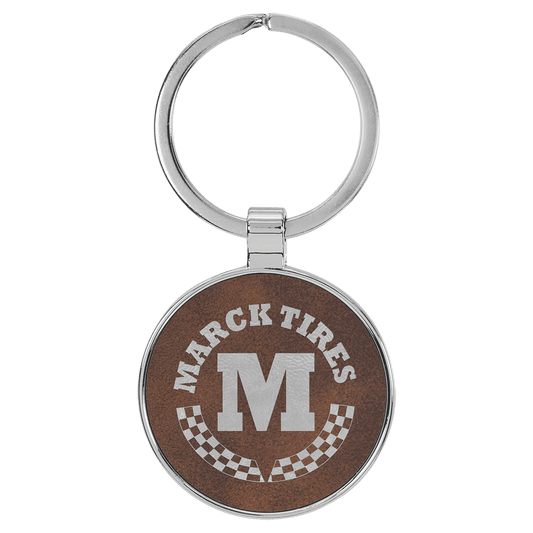 Rustic/Silver Lasered Leatherette/Metal Round Keychain