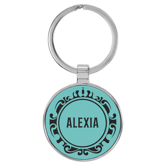 Teal Lasered Leatherette/Metal Round Keychain