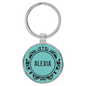 Teal Lasered Leatherette/Metal Round Keychain