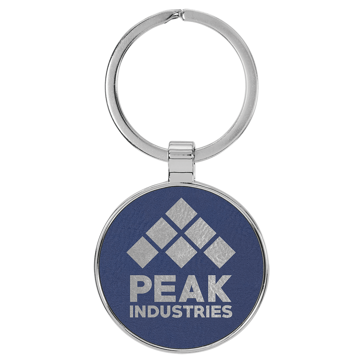 Blue/Silver Lasered Leatherette/Metal Round Keychain