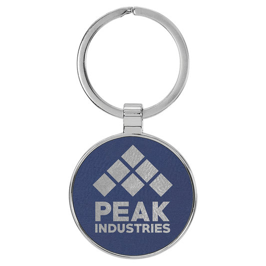 Blue/Silver Lasered Leatherette/Metal Round Keychain