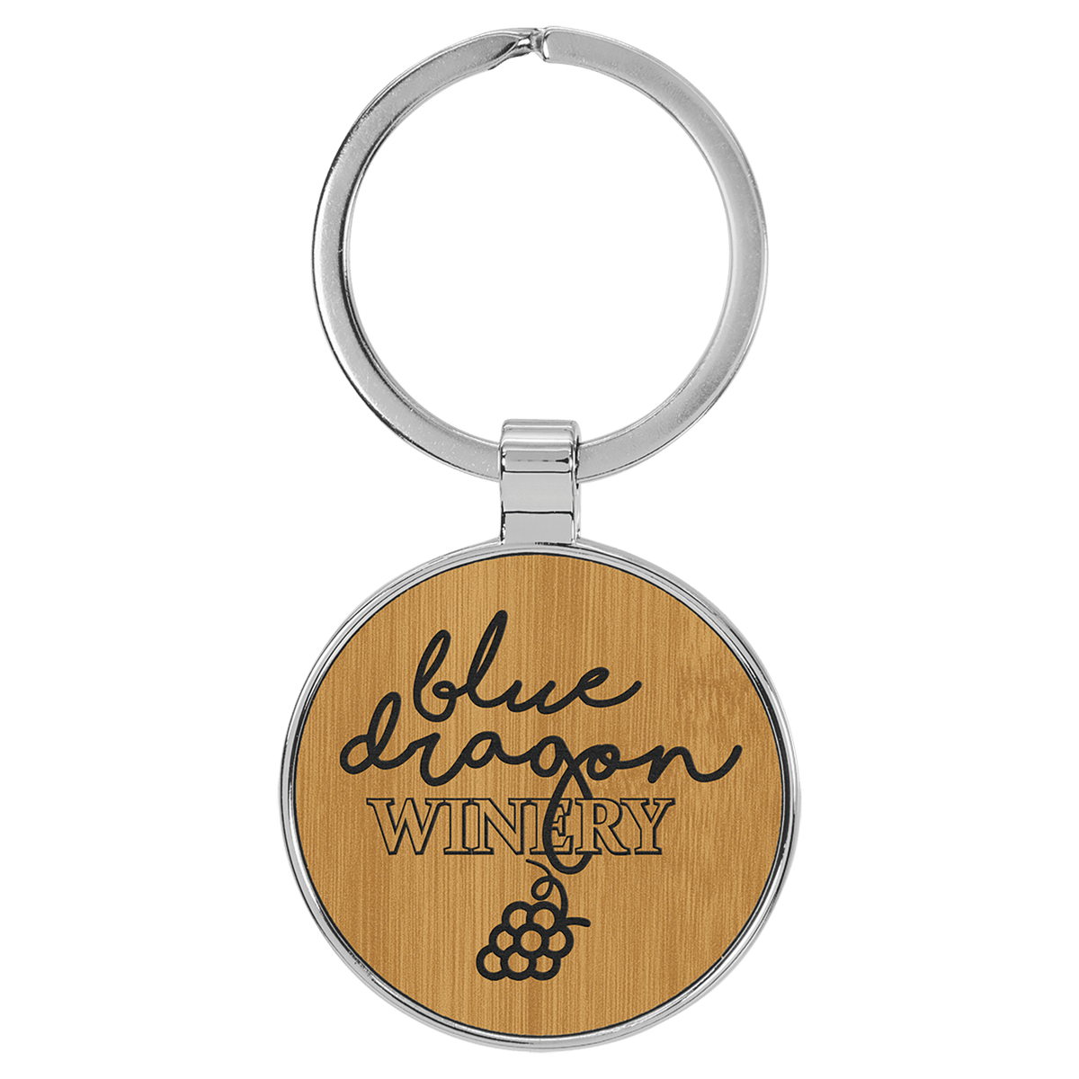 Bamboo Lasered Leatherette/Metal Round Keychain