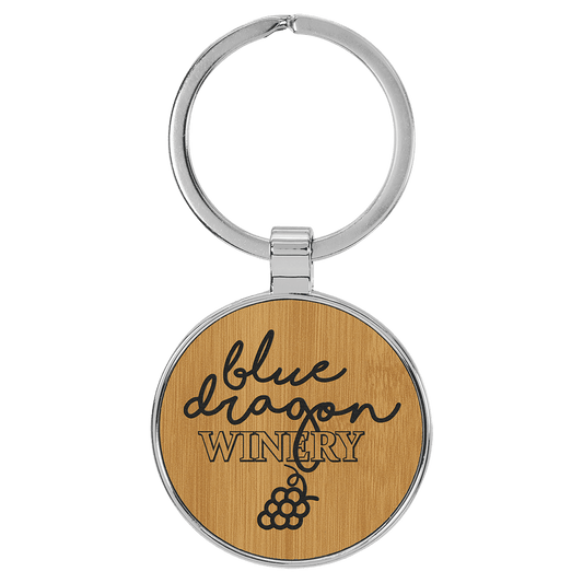 Bamboo Lasered Leatherette/Metal Round Keychain