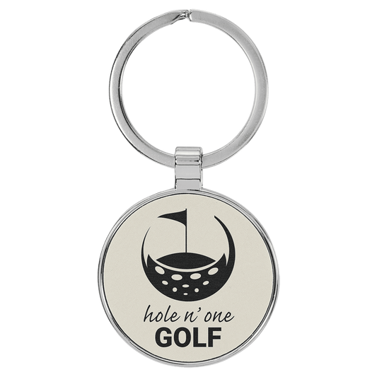 White Lasered Leatherette/Metal Round Keychain