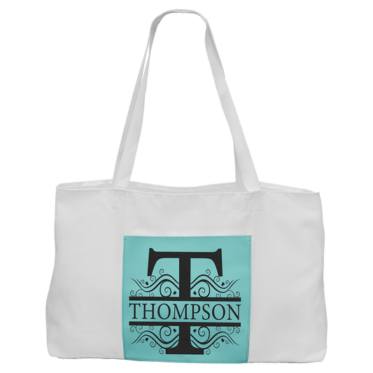 White Canvas Bag with 5" Gusset and Leatherette Trim-Teal