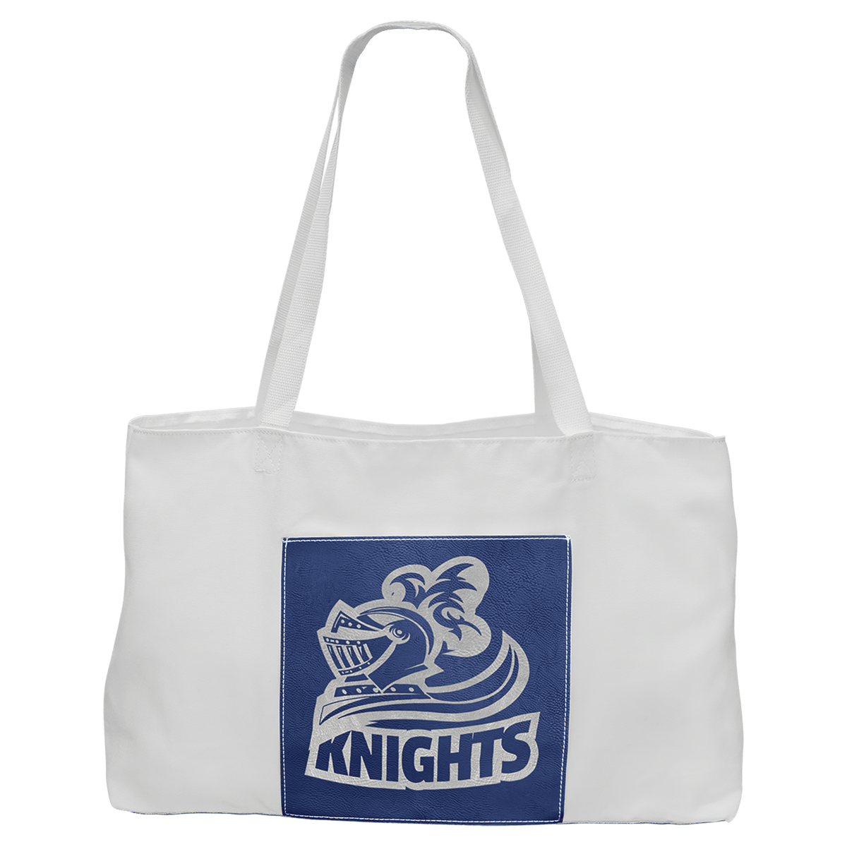 White Canvas Bag with 5" Gusset and Leatherette Trim-Blue/Silver