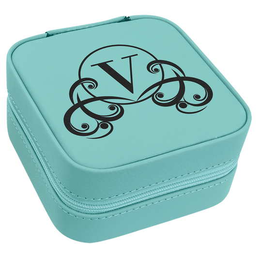 Teal Lasered Leatherette Travel Jewelry Box