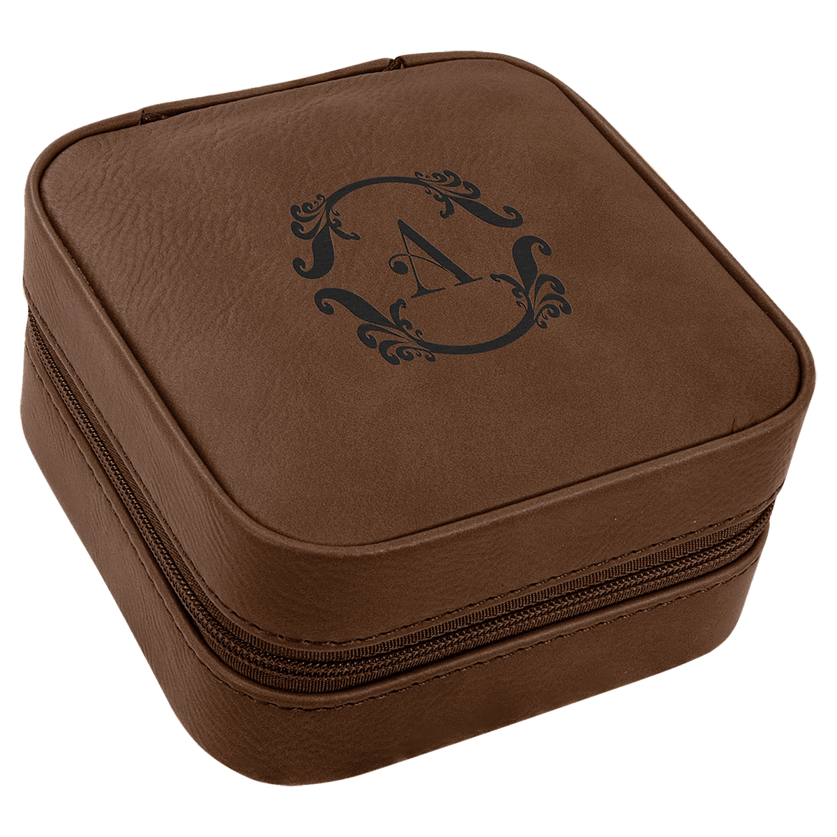 Dark Brown Lasered Leatherette Travel Jewelry Box with Black Lining