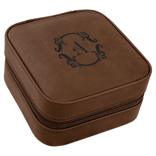 Dark Brown Lasered Leatherette Travel Jewelry Box with Black Lining