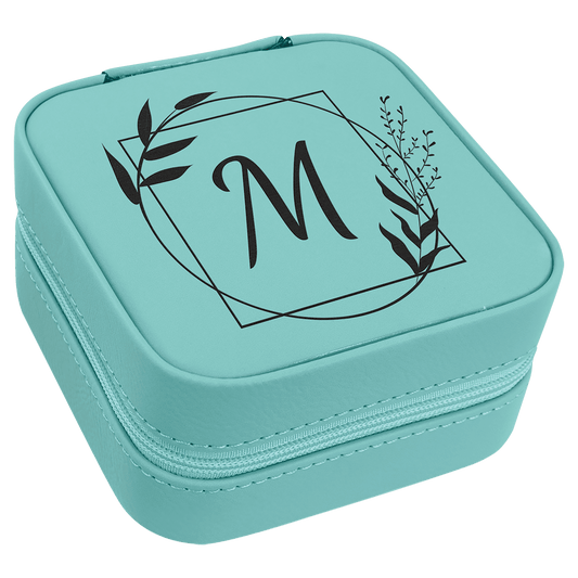 Teal Lasered Leatherette Travel Jewelry Box with Black Lining