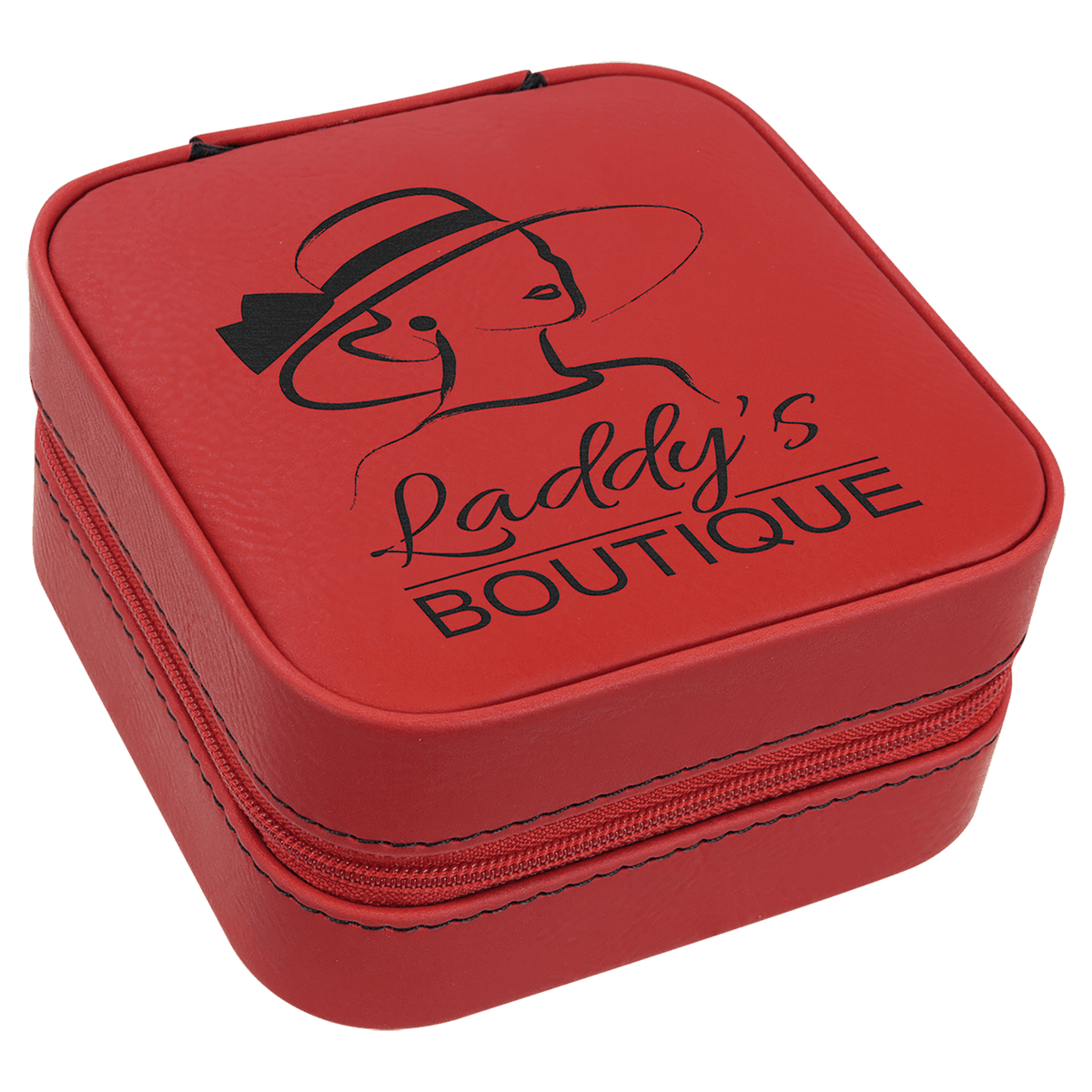 Red Lasered Leatherette Travel Jewelry Box with Black Lining