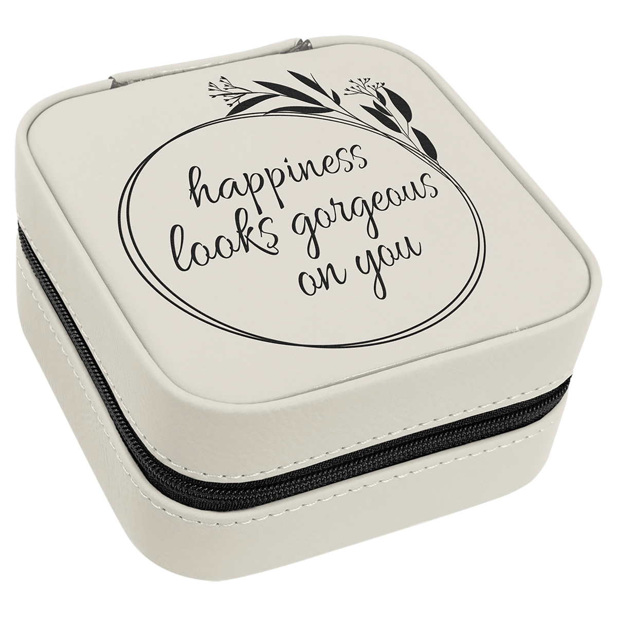 White Lasered Leatherette Travel Jewelry Box with Black Lining