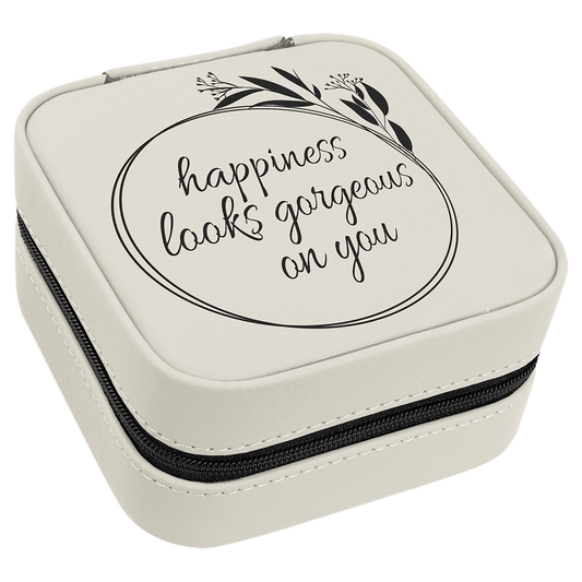 White Lasered Leatherette Travel Jewelry Box with Black Lining
