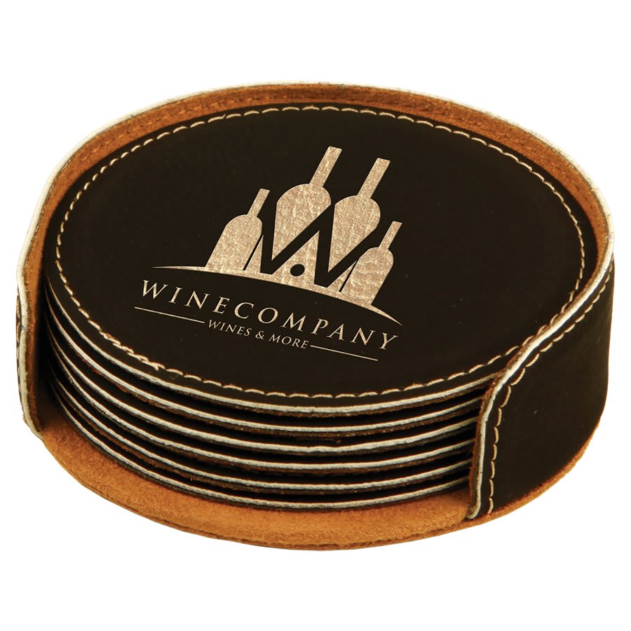 Black/Gold Leatherette Round 6-Coaster Set