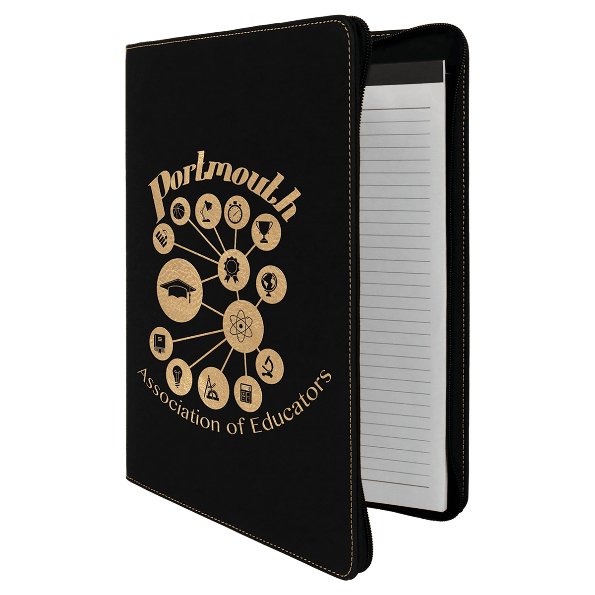 Black/Gold Leatherette Portfolio with Zipper & Notepad