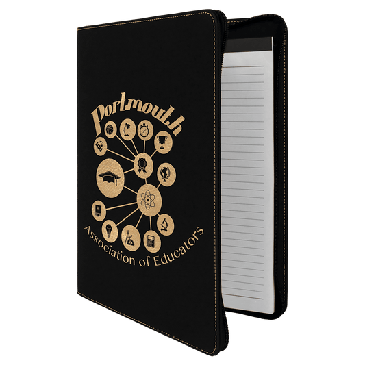 Black/Gold Leatherette Portfolio with Zipper & Notepad