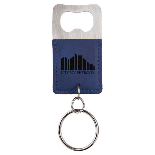Blue/Black Leatherette Rectangle Bottle Opener Keychain