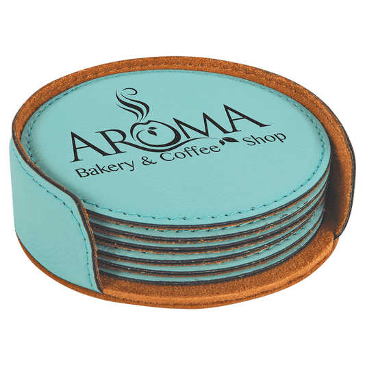 Teal Leatherette Round 6-Coaster Set