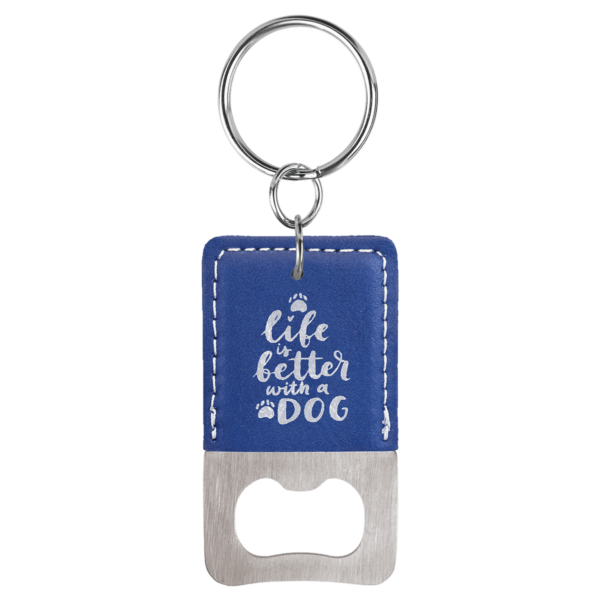 Blue/Silver Leatherette Rectangle Bottle Opener with Keychain