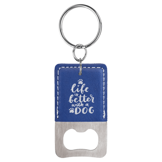 Blue/Silver Leatherette Rectangle Bottle Opener with Keychain