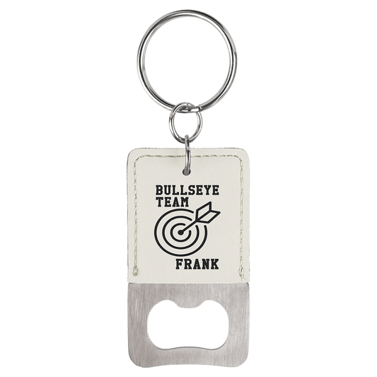 White Leatherette Rectangle Bottle Opener with Keychain