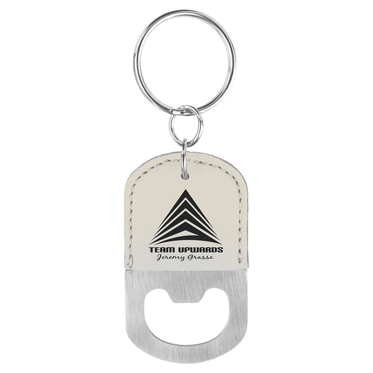 White Leatherette Oval Bottle Opener with Keychain