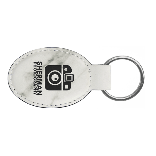 White Marble Leatherette Oval Keychain