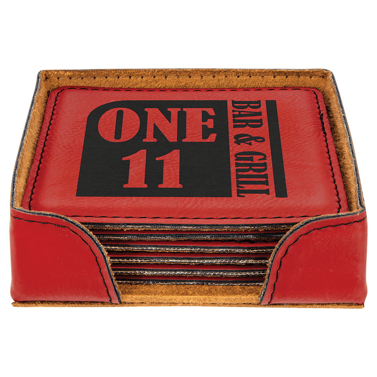 Red Square Laserable Leatherette 6-Coaster Set with Holder