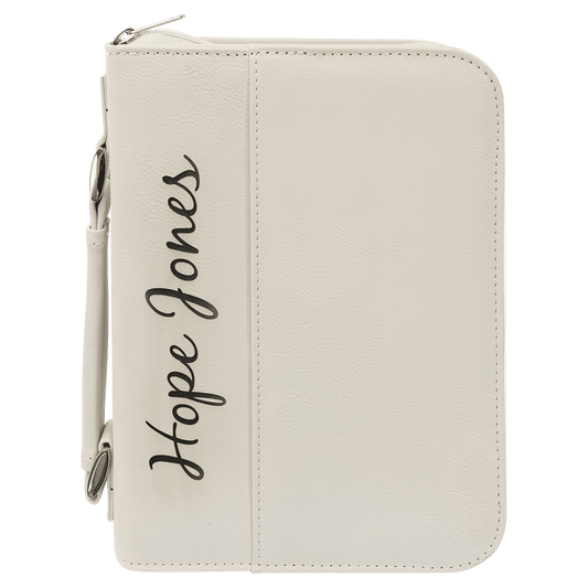 White Leatherette Book/Bible Cover with Zipper & Handle