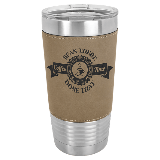 Light Brown Leatherette Wrapped 20 oz. Polar Camel with Clear Lid