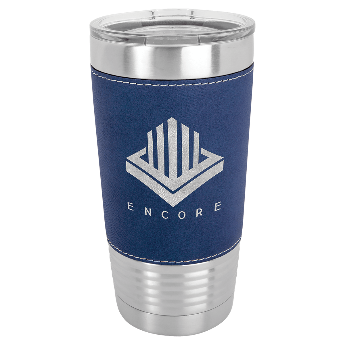 Blue/Silver Leatherette Wrapped 20 oz. Polar Camel with Clear Lid
