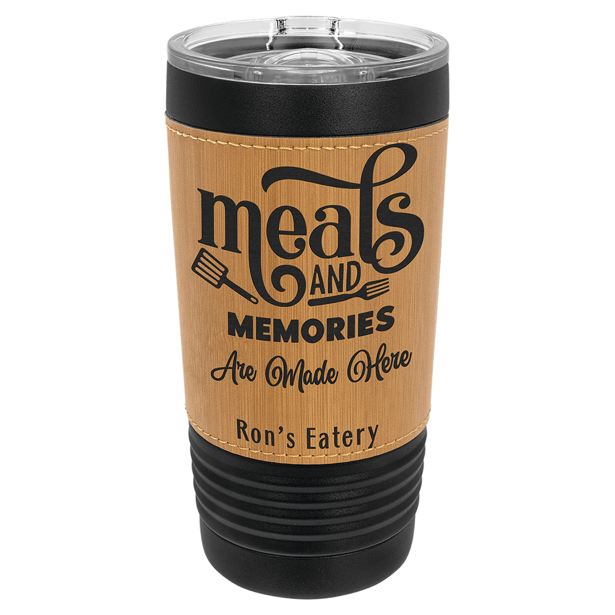 Black with Bamboo Leatherette Wrapped 20 oz. Polar Camel with Slider Lid