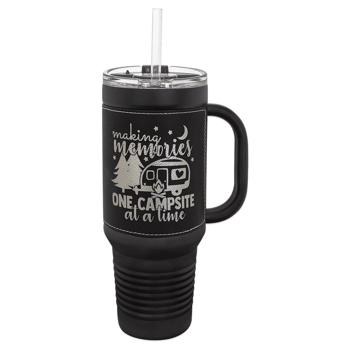 Polar Camel Black with Black/Silver Leatherette 40 oz. Travel Mug with Straw