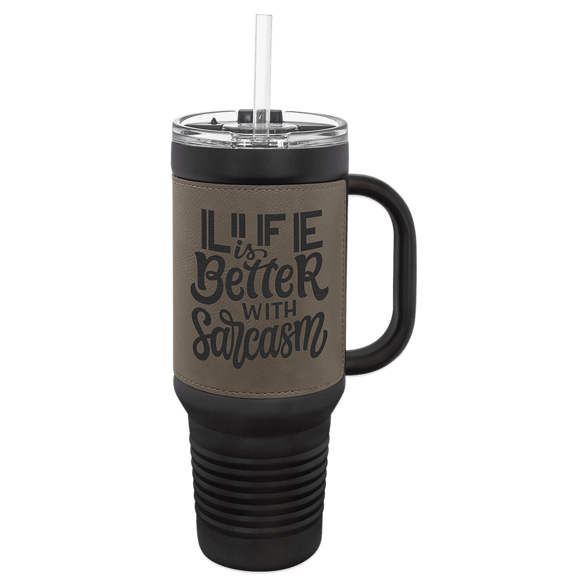 Polar Camel Black with Gray Leatherette 40 oz. Travel Mug with Straw