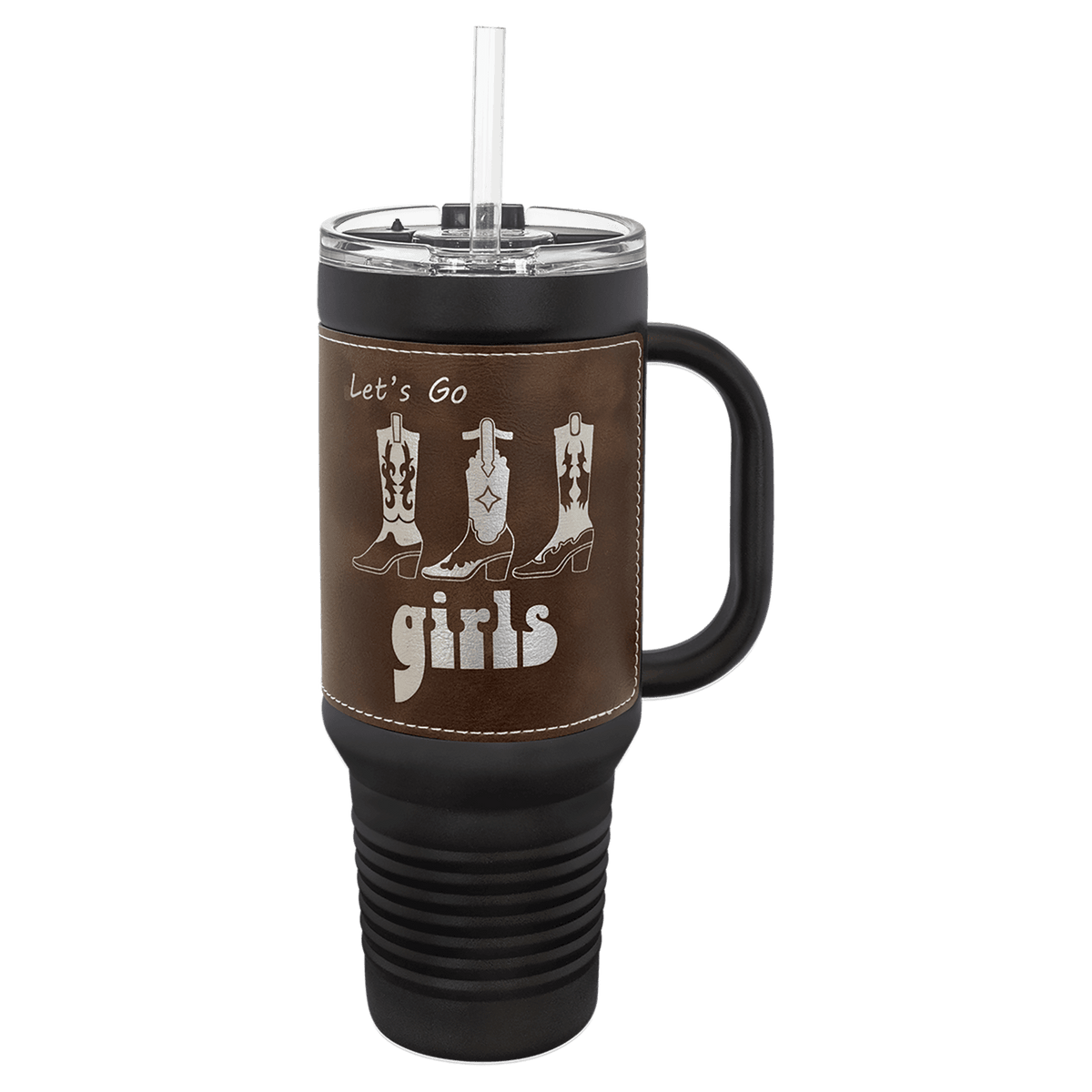Polar Camel Black with Rustic/Silver Leatherette 40 oz. Travel Mug with Straw