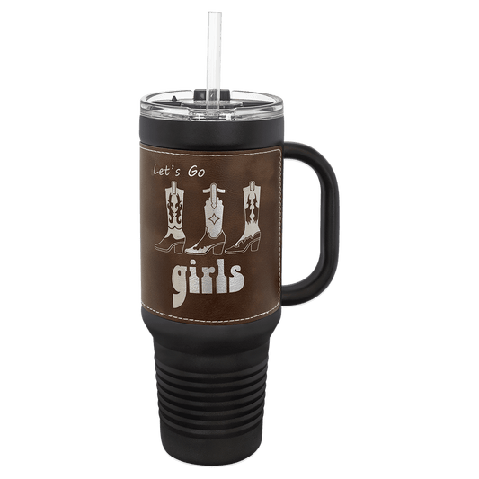 Polar Camel Black with Rustic/Silver Leatherette 40 oz. Travel Mug with Straw