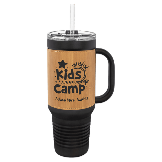 Polar Camel Black with Bamboo Leatherette 40 oz. Travel Mug with Straw
