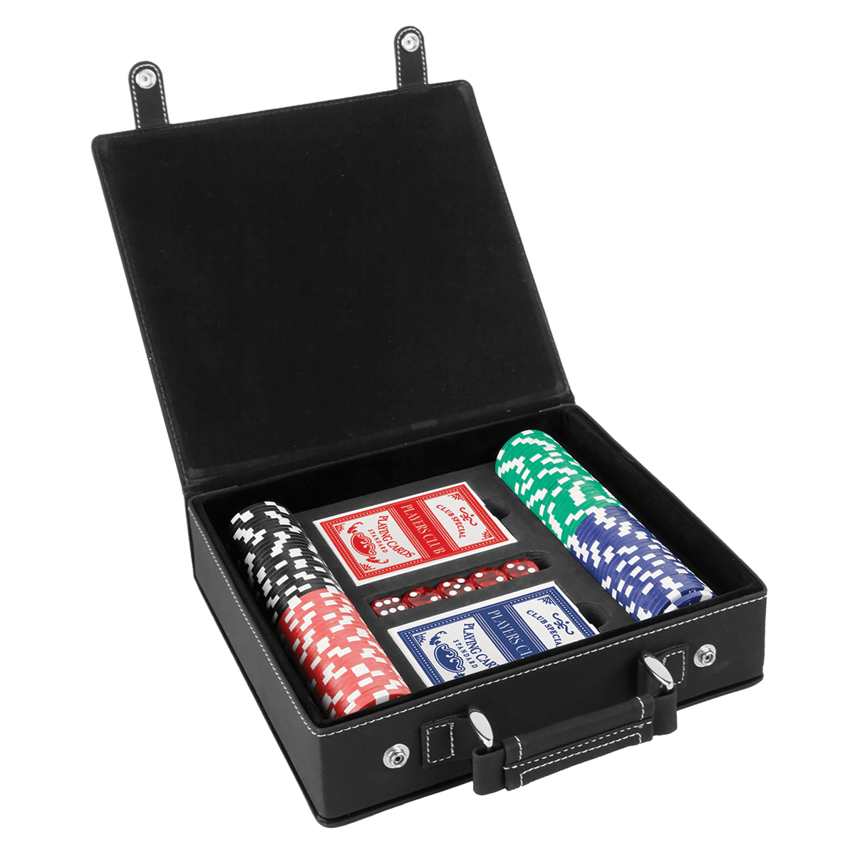 Black/Silver Leatherette Poker Set with 100 Chips, 2 Decks of Card & 5 Dice