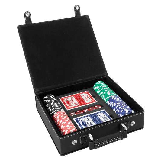 Black/Silver Leatherette Poker Set with 100 Chips, 2 Decks of Card & 5 Dice
