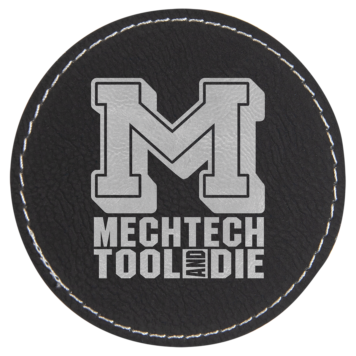 3" Black/Silver Round Leatherette Patch with Adhesive
