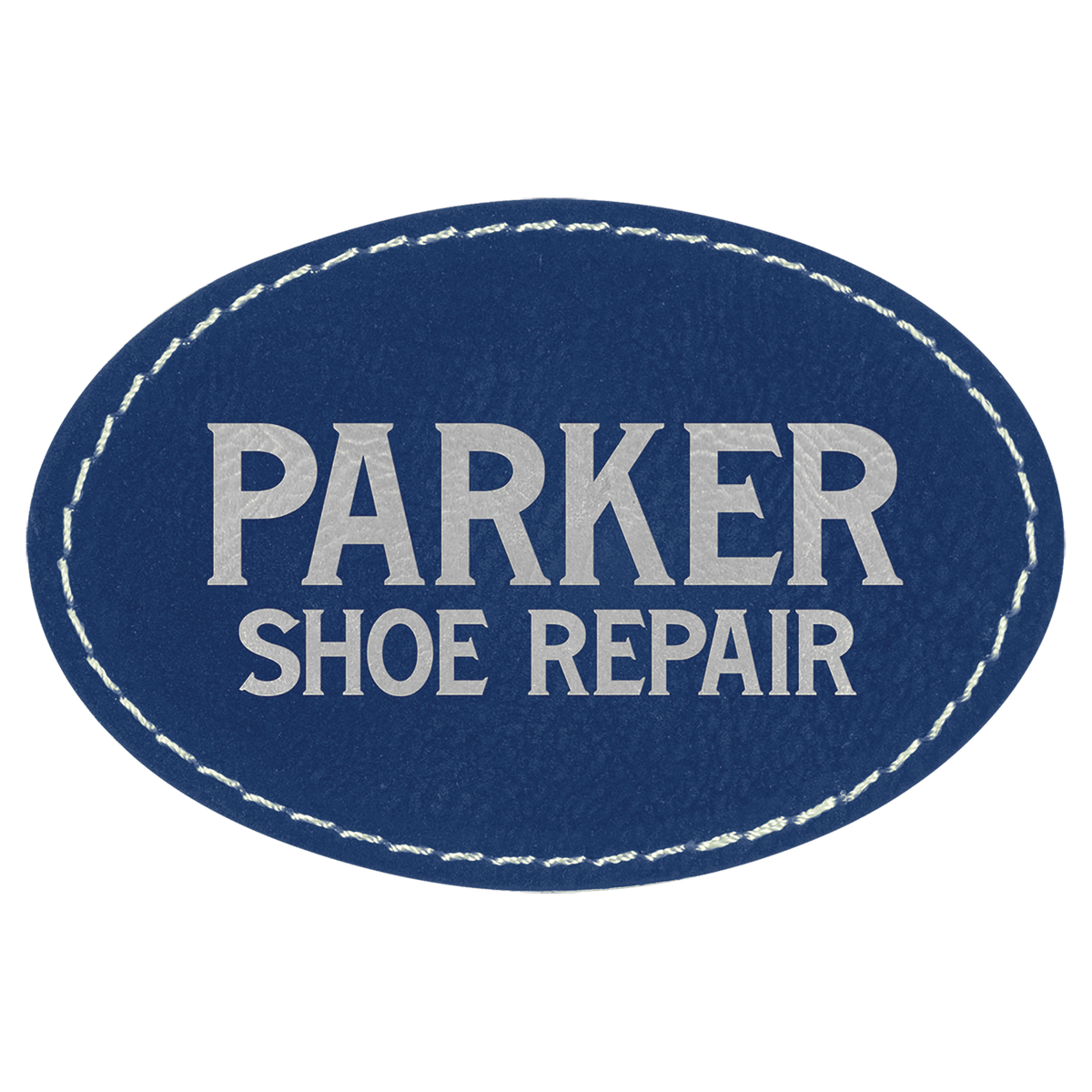 Oval Blue/Silver Laserable Leatherette Patch with Adhesive