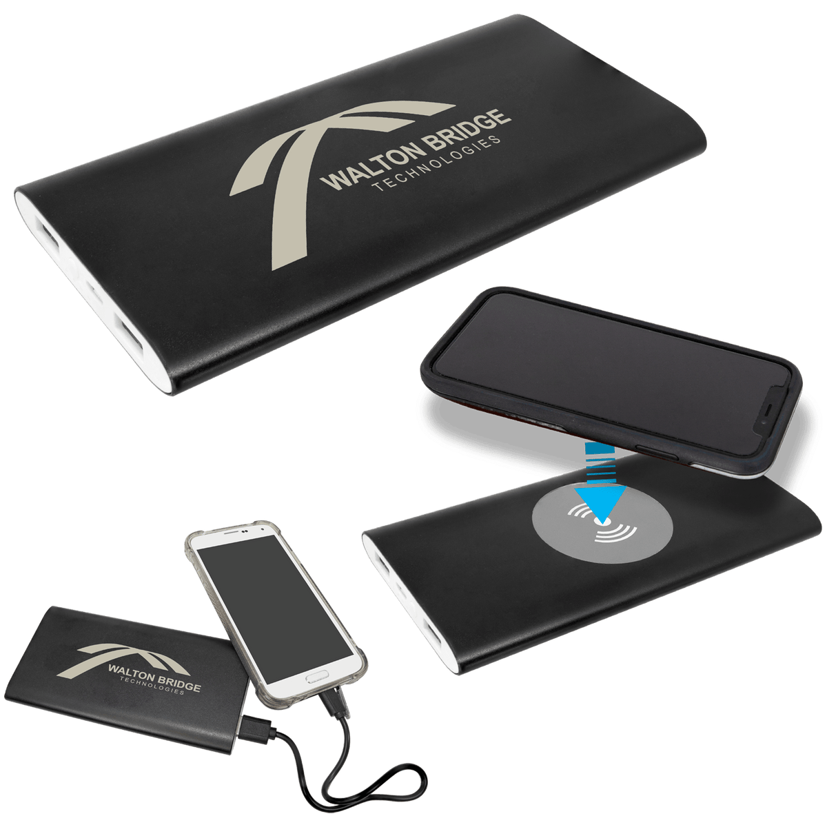 8000MAH Black Power Bank and Wireless Anodized Aluminum Charger with USB Cord