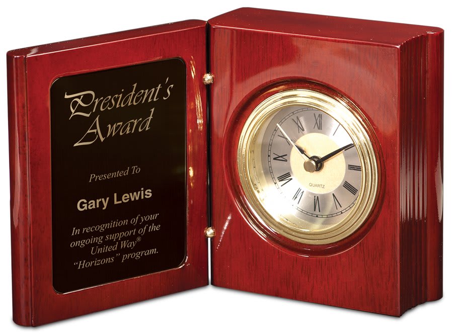 Rosewood Piano Finish Book Clock with Black Plate