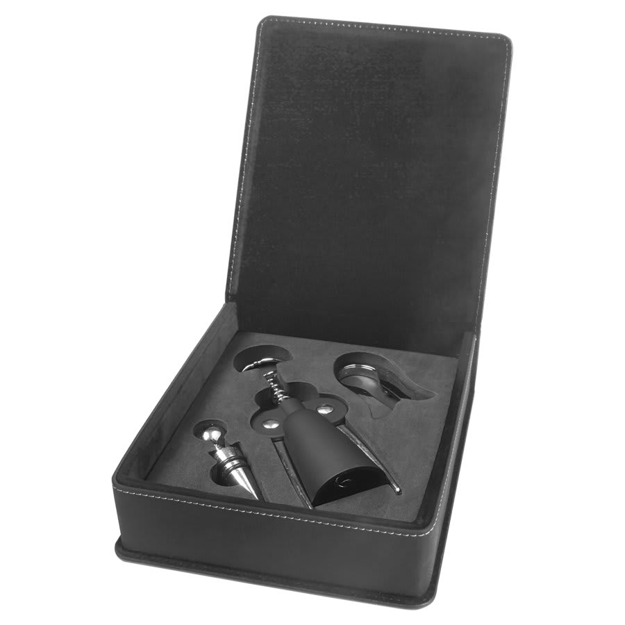Black/Gold Leatherette 3-Piece Wine Tool Set